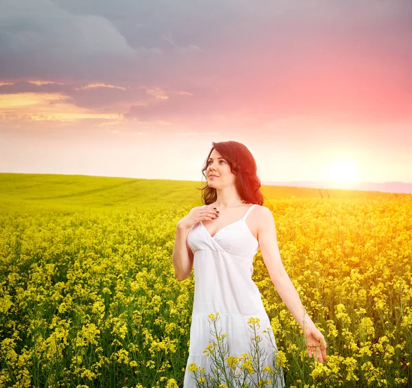 Mulher em campo com flores no pôr do sol de verão . — Fotografia de Stock