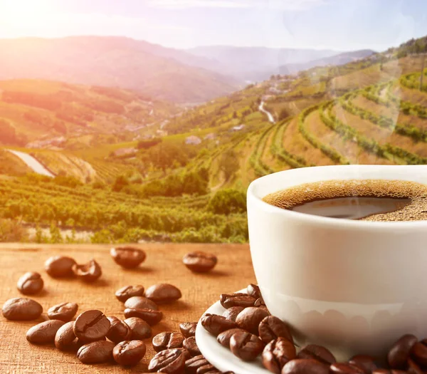 Чашка горячего кофе на деревянном столе и кофейные плантации на заднем плане — стоковое фото