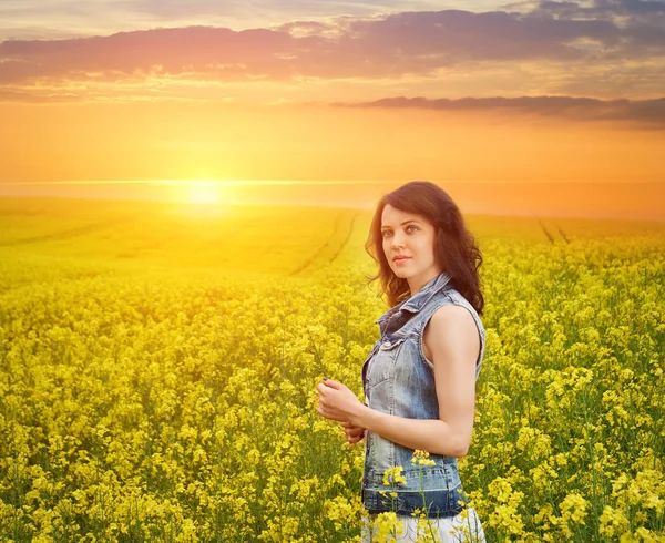 Mujer en el campo con flores al atardecer . — Foto de Stock