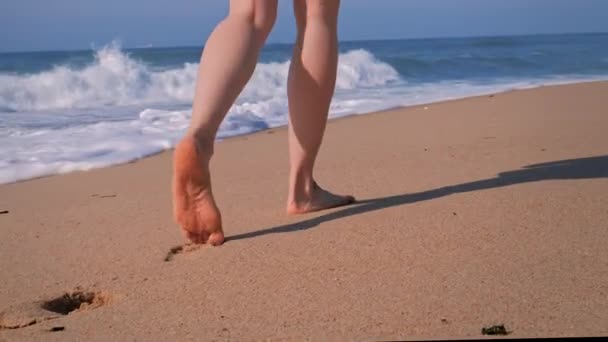 Podróże po plaży, kobieta spacerująca po piaszczystej plaży zostawiająca ślady stóp na piasku. — Wideo stockowe