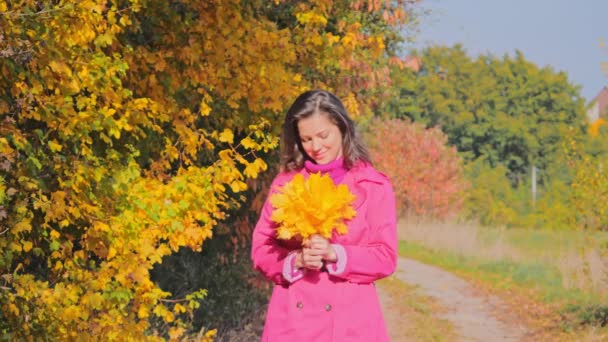 Портрет веселой молодой женщины с осенними листьями, золотой листвой — стоковое видео