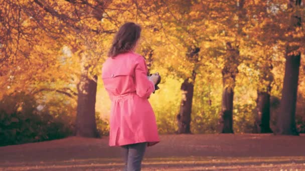 Joven mujer de moda tomando fotos en su cámara en el parque . — Vídeos de Stock