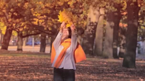 Mujer joven con un ramo de hojas amarillas de otoño, disfrutando de la caída de las hojas de otoño — Vídeos de Stock