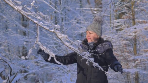 Gyönyörű fiatal nő jéggel - fák játszanak hó — Stock videók