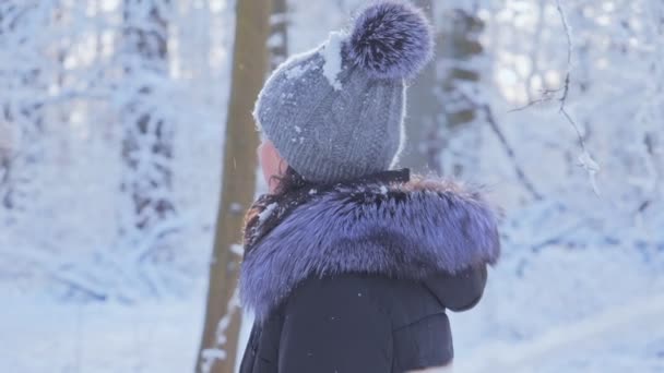 Donna nella foresta invernale innevata — Video Stock
