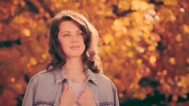 Portret van een vrouw in de herfst, romantische stemming — Stockvideo