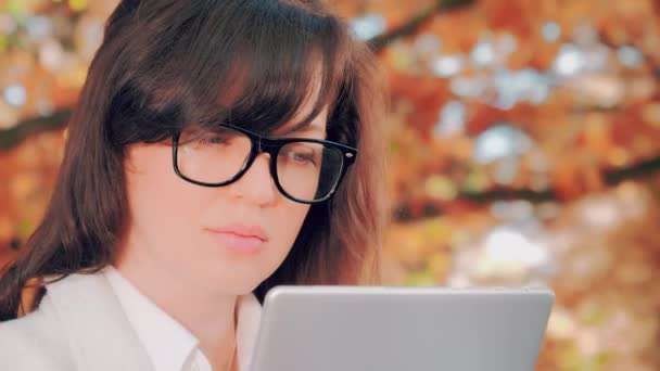 Jeune femme d'affaires dans le parc d'automne travaillant avec sa tablette — Video