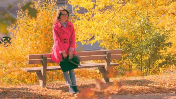 Mujer esperando a alguien con un portátil en un parque de otoño — Vídeos de Stock