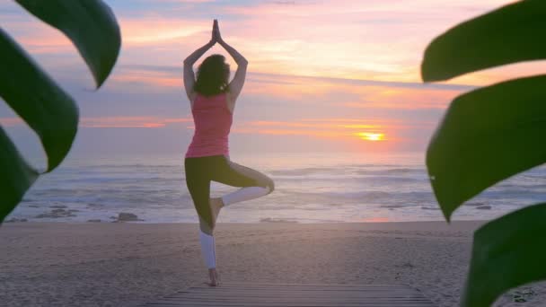 Yaz günbatımında, tahta yolda yoga yapan bir kadın. — Stok video