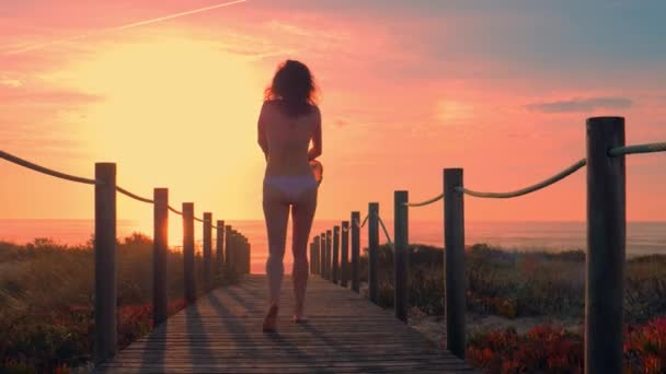 Junge sexy Frau Silhouette in einer hölzernen Fußgängerbrücke am Strand bei Sonnenuntergang — Stockvideo