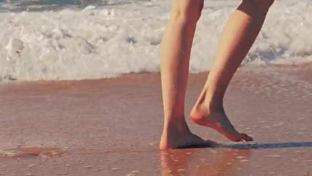 Cestování po pláži, ženské nohy na zlatém písku — Stock video