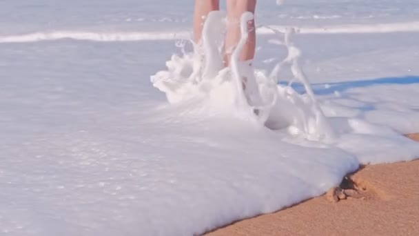 Beautiful foaming waves of the ocean. Woman walking on sand beach — Stock Video