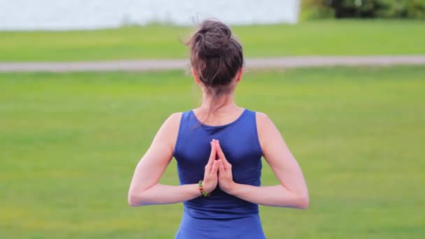 Joga ćwiczy w przyrodzie w parku, widok z tyłu — Wideo stockowe