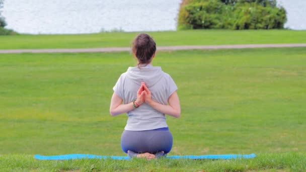 Reggeli jóga a parkban, kilátás hátulról, nyújtózkodó izmok — Stock videók
