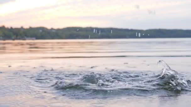 Kropelki wody rozpylone nad jeziorem o zachodzie słońca — Wideo stockowe