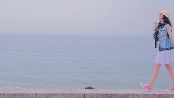 Szczęśliwy turysta z bagażem spaceru po plaży, podróże latem — Wideo stockowe