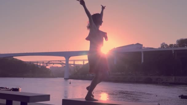 若いです女性で赤いドレスで桟橋ダンスと楽しいです日没 — ストック動画