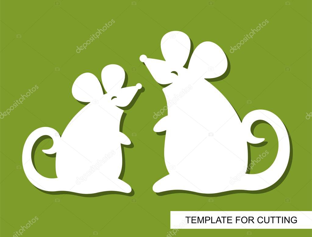 Silhouettes of cute smiling mice. White cartoon characters on a green background. Toy rats. Template for laser cutting, wood carving or paper cut. Decor for children's room. Vector illustration.