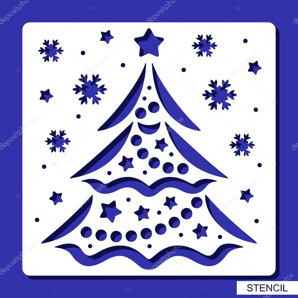 New years decoration - stencil with Christmas tree, stars, balls, garlands and snowflakes. Template for laser cutting, wood carving, paper cut and printing. Vector illustration. 
