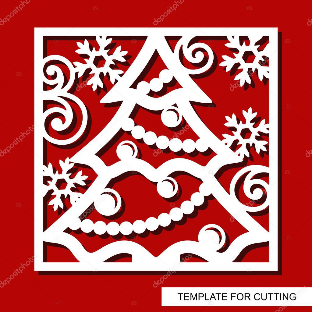 Square decorative panel with Christmas tree,  star, balls, garlands and snowflakes. White object on a red background. Template for laser cutting, wood carving, paper cut or printing. Vector image.