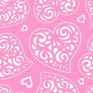 Kalpli kusursuz desen. Beyaz ve pembe renkler. Sevgililer Günü ya da düğün kartları için romantik bir geçmiş. Duvar kağıdı tasarımı, tekstil, ambalaj kağıdı için tekrarlanan doku. Vektör illüstrasyonu. 