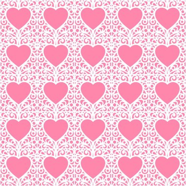 Kalpli kusursuz desen. Beyaz ve pembe renkler. Sevgililer Günü ya da düğün kartları için romantik bir geçmiş. Duvar kağıdı tasarımı, tekstil, ambalaj kağıdı için tekrarlanan doku. Vektör illüstrasyonu. 