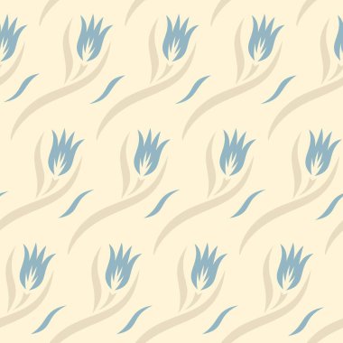 Mavi çiçekli kusursuz desen (laleler), yapraklar ve dalgalar. Açık bej arka planda çiçek süsü. Duvar kağıdı tasarımı, tekstil, ambalaj kağıdı için tekrarlanan doku. Vektör illüstrasyonu. 