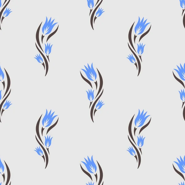 Nahtloses Muster Mit Blauen Blüten Tulpen Und Braunen Blättern Blumenschmuck — Stockvektor