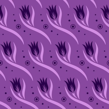 Çiçeklerle, yapraklarla ve dalgalarla kusursuz bir desen. Mor arka planda çiçek süsü. Duvar kağıdı tasarımı, tekstil, ambalaj kağıdı için tekrarlanan doku. Vektör illüstrasyonu.