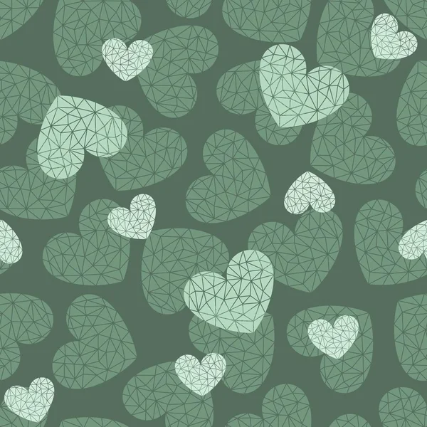 Seamless Pattern Polygonal Hearts Green Background Stylish Decor Wedding Card — Stock Vector