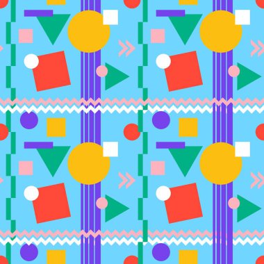 Geometrik desenli, soyut, pürüzsüz bir arka plan. Mavi arkaplandaki çok renkli daireler, kareler, üçgenler ve çizgiler. Duvar kağıdı tasarımı, kapağı, tekstil, ambalaj için tekrarlanan doku. Vektör.