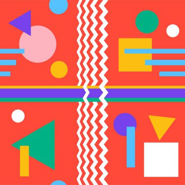 Geometrik desenli, soyut, pürüzsüz bir arka plan. Kırmızı zemin üzerinde çok renkli daireler, kareler, üçgenler ve çizgiler. Duvar kağıdı tasarımı, kapağı, tekstil, ambalaj için tekrarlanan doku. Vektör.