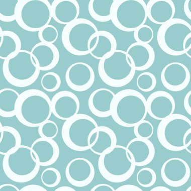 Mavi bir arkaplanda beyaz daireler (baloncuklar gibi) ile soyut, dikişsiz desen. Basit moden düz tasarım. Duvar kağıdı tasarımı, kapağı, tekstil, ambalaj için tekrarlanan doku. Vektör illüstrasyonu.