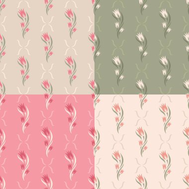 Çiçekli (lale tomurcukları), yapraklı bir desen seti. Yeşil, pembe, bej arka planda çiçek süsü. Duvar kağıdı tasarımı, tekstil, kumaş ve ambalaj için yumuşak pastel renkler. Vektör illüstrasyonu.