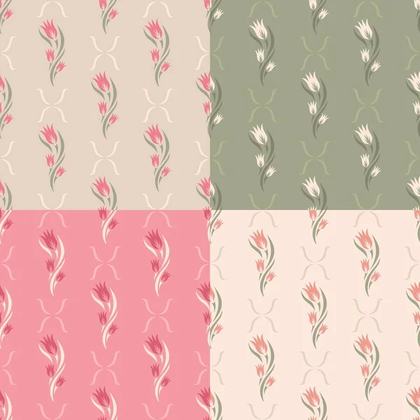Nahtlose Muster Mit Blüten Tulpenknospen Blättern Blumenschmuck Auf Grünem Rosa — Stockvektor