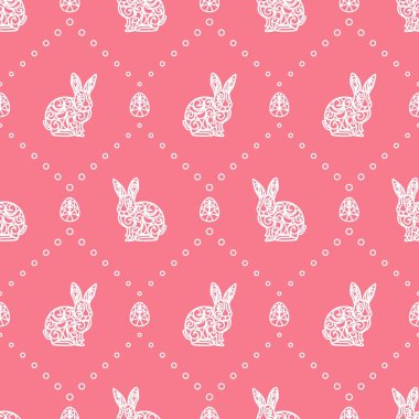 Pembe arka planda mutlu bir Paskalya günü için kusursuz bir desen. Haçlı beyaz yumurtalar ve dantel süslemeli tavşanlar. Duvar kağıdı tasarımı için tekrarlanan doku, web sitesi, baskı, tekstil. Vektör.