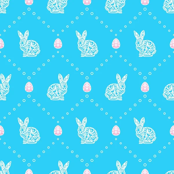 青い背景に幸せなイースターの日のためのシームレスなパターン 十字架とウサギ ウサギ とピンクの卵はレースの装飾が付いています 壁紙デザイン ウェブサイト 繊維のためのテクスチャを繰り返します ベクトル画像 — ストックベクタ