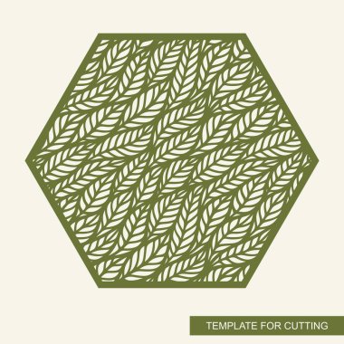 Decorative panel in the shape of hexagon. Floral pattern of leaves. Openwork template for laser cutting, metal engraving, wood carving, plywood, cardboard, paper cut. Plant theme. Vector illustration  clipart