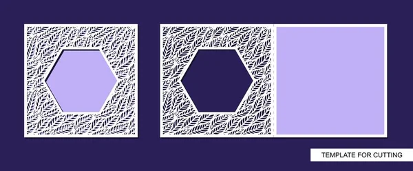 有折叠的装饰正方形卡片 莱西植物的叶子图案 剪裁轮廓 把日期省了用于激光切割 印刷的打开模板 复制空间 矢量图像 — 图库矢量图片