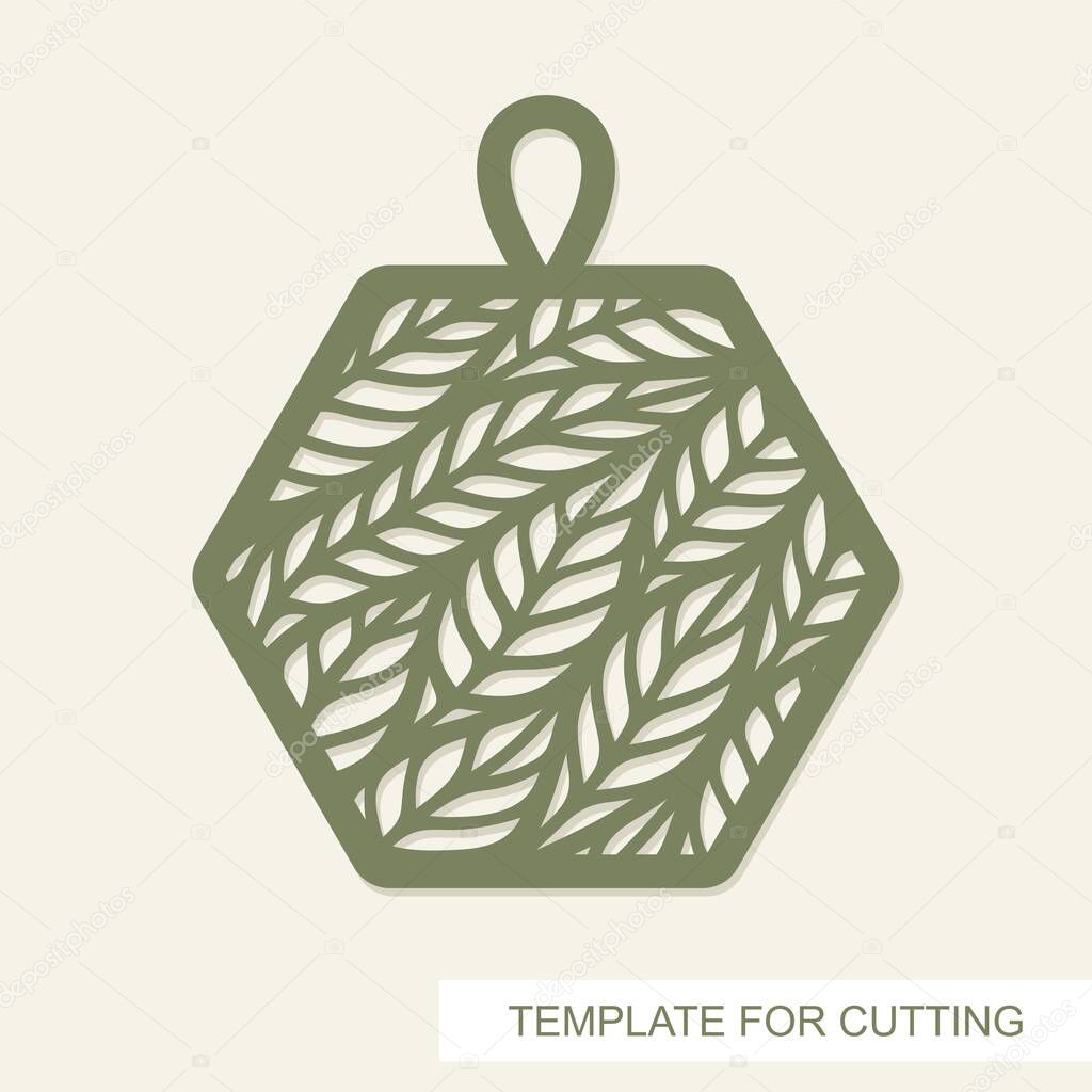 Pendant in the shape of hexagon with leaves inside. Openwork template for laser cutting, metal engraving, wood carving, plywood, cardboard, paper cut or printing. Floral pattern. Vector illustration.