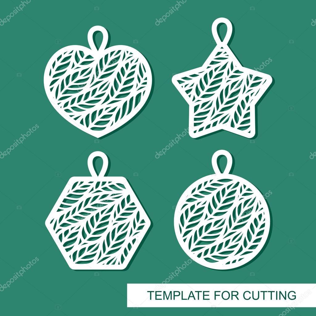 Set of pendants in the shape of a heart, star, circle, hexagon. Beautiful lace floral pattern of leaves. Vector template for laser cutting, metal engraving, wood carving, paper cut or printing. 