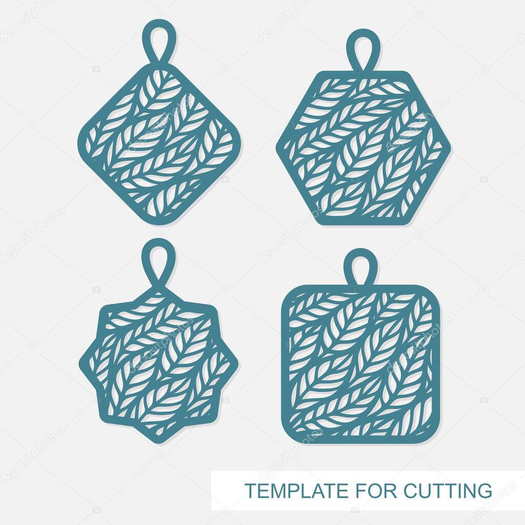 Set of pendants in the shape of a rhombus, star, square, hexagon. Beautiful lace floral pattern of leaves. Vector template for laser cutting, metal engraving, wood carving, paper cut or printing. 