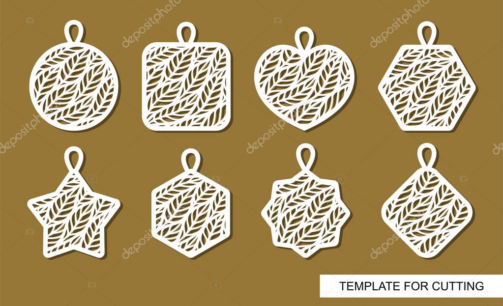 Set of pendants in the shape of circle, square, heart, hexagon, star, rhombus. Beautiful collection with lace floral pattern of leaves. Vector template for laser cutting, engraving, paper cut, carving