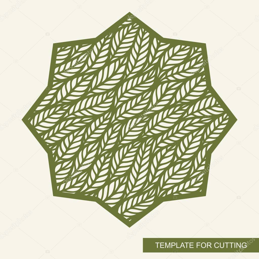 Decorative panel in the shape of an eight-pointed star. Floral pattern of leaves. Openwork template for laser cutting, metal engraving, wood carving, plywood, cardboard, paper cut. Vector illustration.