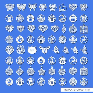 Big set of cute Christmas decorations with patterns, animals, flowers, leaves, snowflakes. Template for laser cutting, metal engraving, wood carving, plywood, cardboard, paper cut. Vector illustration clipart