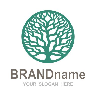 Yapraksız bir ağaç tacının logosu. Yeşil dallar ve gövde yuvarlak bir çerçevede. Simge, işaret, sembol, tarım, biyolojik, eko, doğal, organik gıdalar için marka kimliği. Vektör illüstrasyonu.