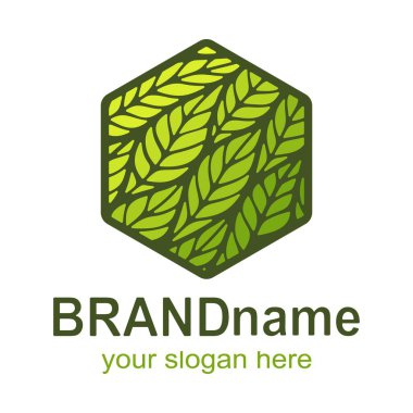 İçinde yeşil yapraklar olan altıgen logo. Eko ikon, işaret, sembol, iş için marka kimliği, tarım, kozmetik, organik ürünler, doğal sağlıklı yiyecekler, çevre projeleri. Vektör illüstrasyonu