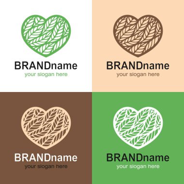 Yapraklı kalp logoları, beyaz, bej, yeşil, kahverengi arka planda dikenler. Eko ikon, işaret, sembol, tarım, kozmetik, organik, doğal sağlıklı gıdalar, fırınlar için marka kimliği. 