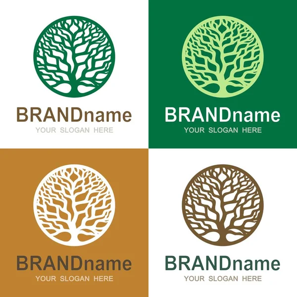 Set of logos with a round tree of life. Green branches without leaves and trunk. Eco icon, sign, symbol, brand identity for business, organic products, natural healthy foods, environmental projects.