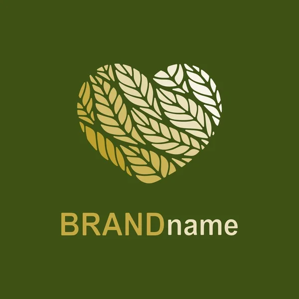 Logotipo Coração Ouro Fundo Verde Escuro Ornamento Floral Com Ondas —  Vetores de Stock